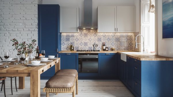 Mẫu nhà bếp với gam màu xanh đậm sẽ giúp nhà bếp trông sạch hơn