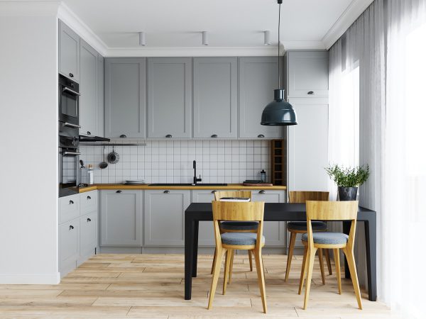 Mẫu nhà bếp với thiết kế gạch ốp tường bếp sọc nhỏ cùng màu xám đậm chủ đạo