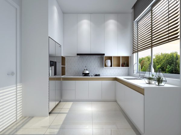 Mẫu nhà bếp đơn giản với thiết kế áp sát tường kết hợp cửa kính sáng và thoáng hơn