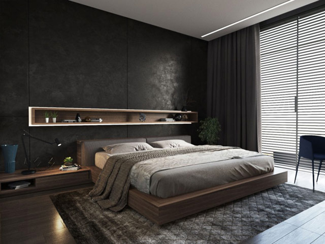 Phòng ngủ nam với tone màu trầm chủ đạo