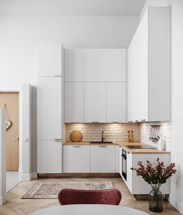 Thiết kế nhà bếp nhỏ đơn giản với tông màu trắng và được thiết kế rất gọn gàng và lịch sự