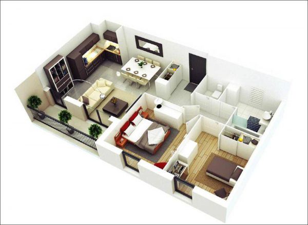 Thiết kế nội thất căn hộ 56m2 2 phòng ngủ tạo không gian chung
